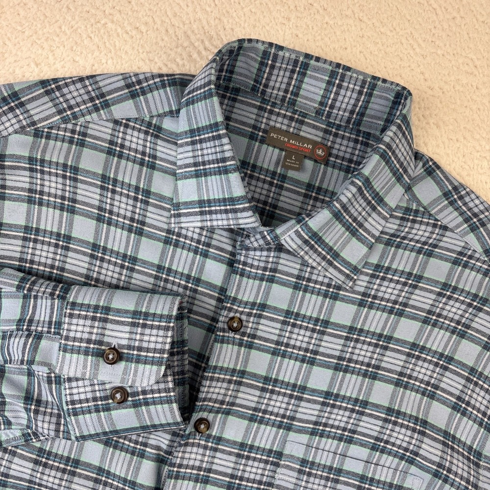 PETER MILLAR Long Sleeve Flannel Shirt Mens Large Blue Lightweight Button Plaid